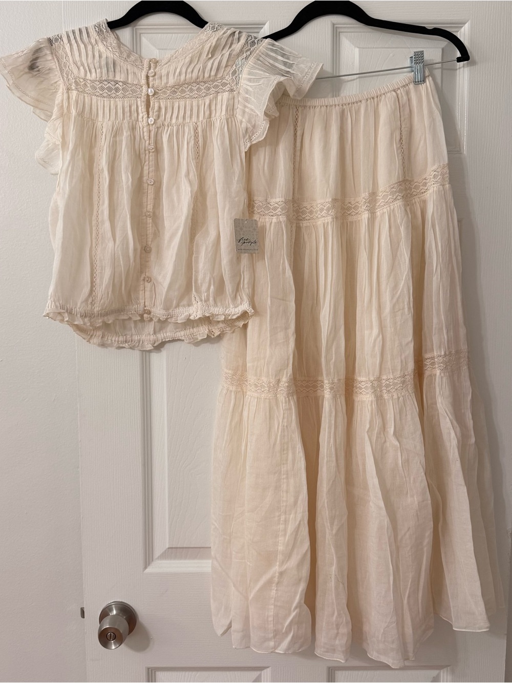 NWT Free People Set Cream Bohemian Tiered Maxi Skirt and top 100% cotton - Picture 2 of 7